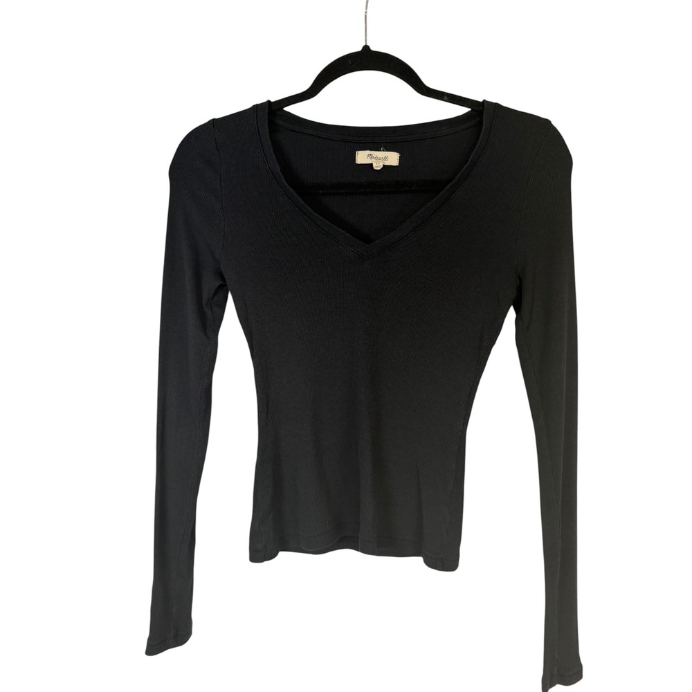Madewell Black Ribbed Long Sleeve V-Neck Top Slim Fit Minimalist Basic XS